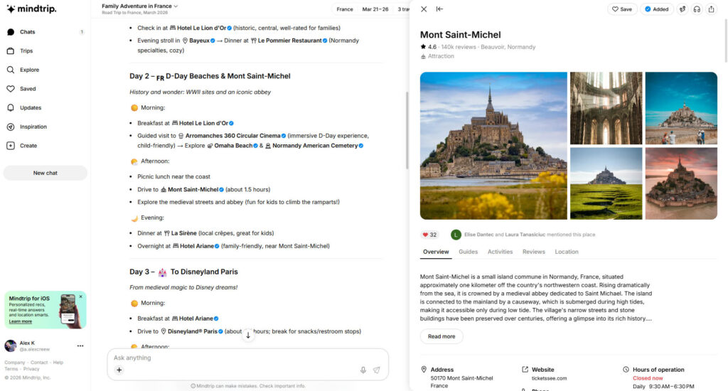 Mont Saint-Michel location card showing hours, tides info