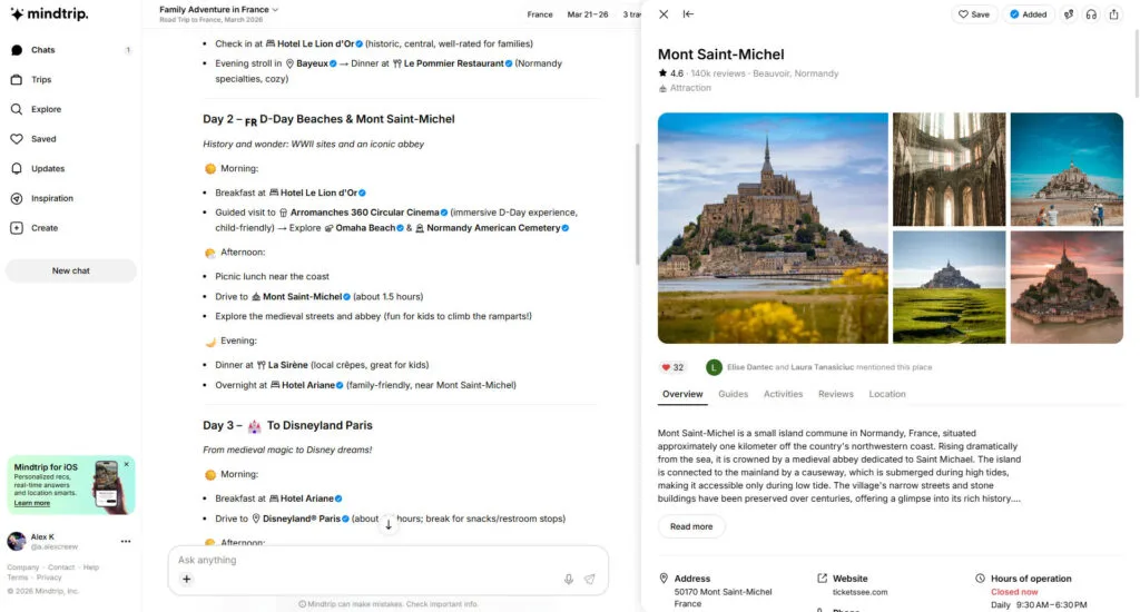 Mindtrip showing a Mont Saint-Michel place card with photos, description, and itinerary context.