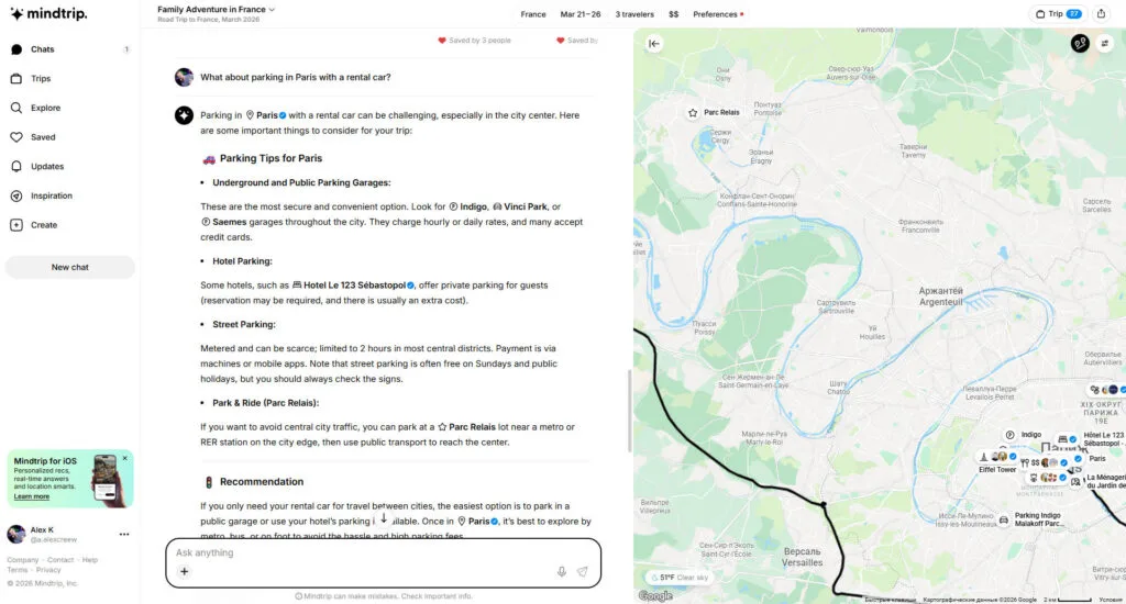 Mindtrip giving Paris parking advice for a rental car trip with parking options, safety tips, and a route map.