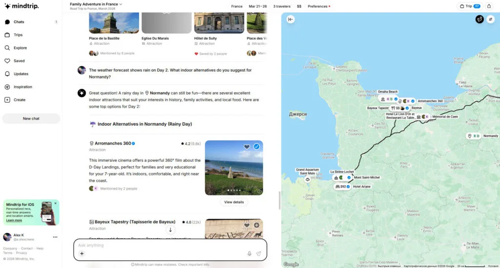 Mindtrip suggesting rainy-day alternatives for a Normandy family trip with a map route and indoor activity ideas.