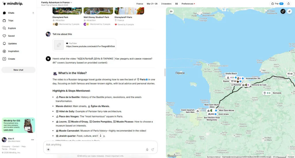 Mindtrip turning a YouTube travel idea into itinerary suggestions with a route map.