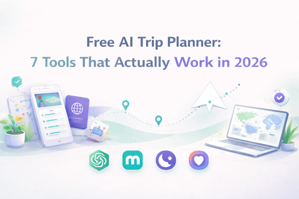 Free AI trip planner comparison graphic showing itinerary cards, route planning elements, and AI travel tools for a 2026 guide.