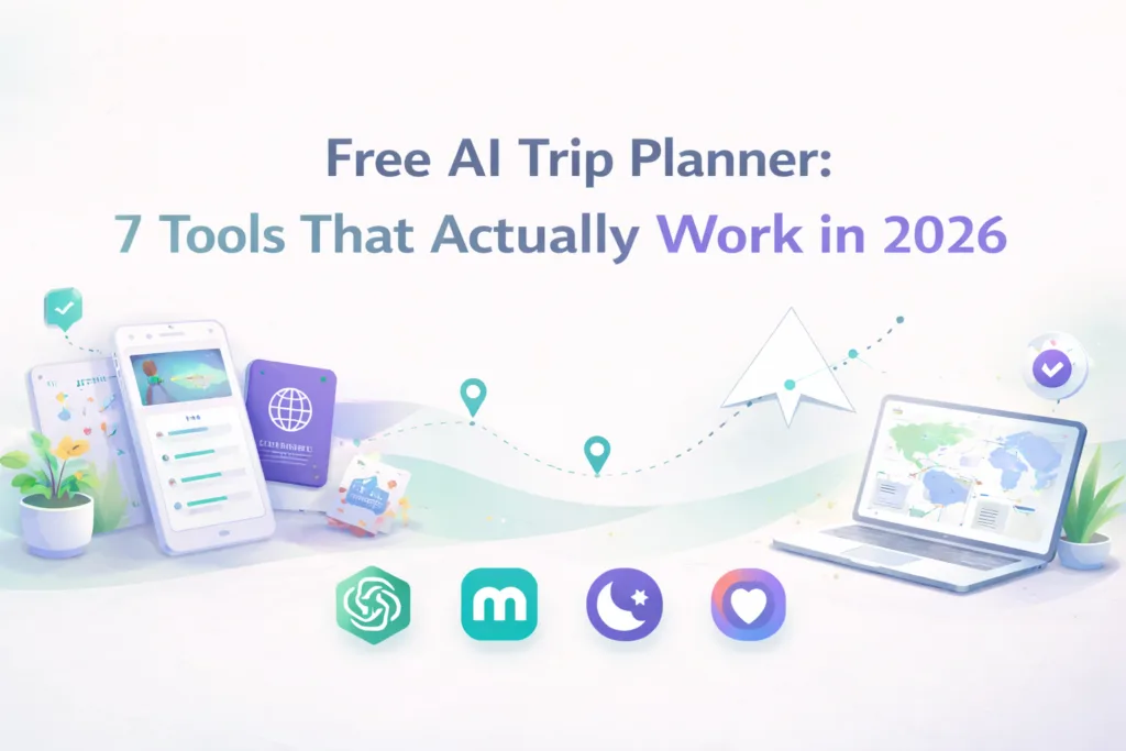 Free AI trip planner comparison graphic showing itinerary cards, route planning elements, and AI travel tools for a 2026 guide.