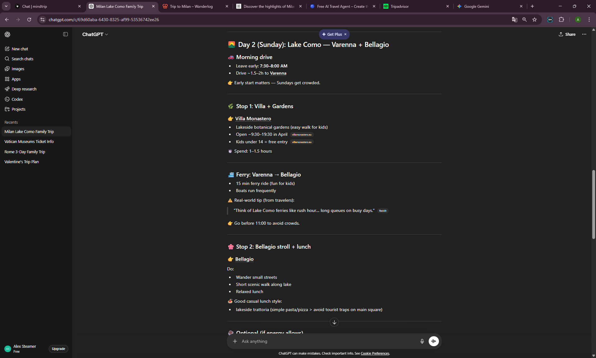 ChatGPT free AI trip planner showing a detailed Lake Como day plan with Villa Monastero and Bellagio ferry