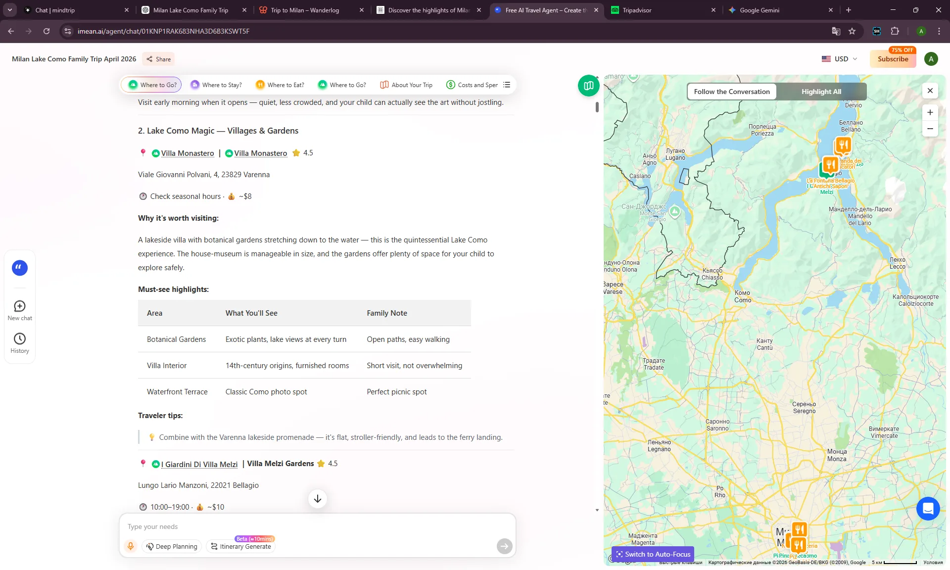 iMean AI free trip planner screenshot showing Villa Monastero details, family notes, and an interactive Lake Como map.