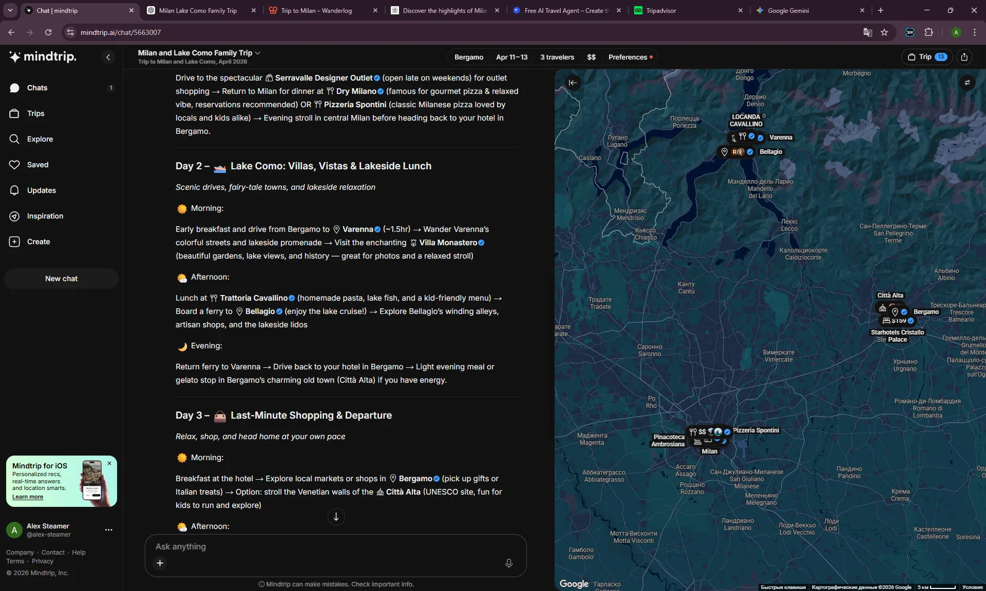 Mindtrip free AI trip planner screenshot showing a Milan and Lake Como family itinerary with a map and location cards.