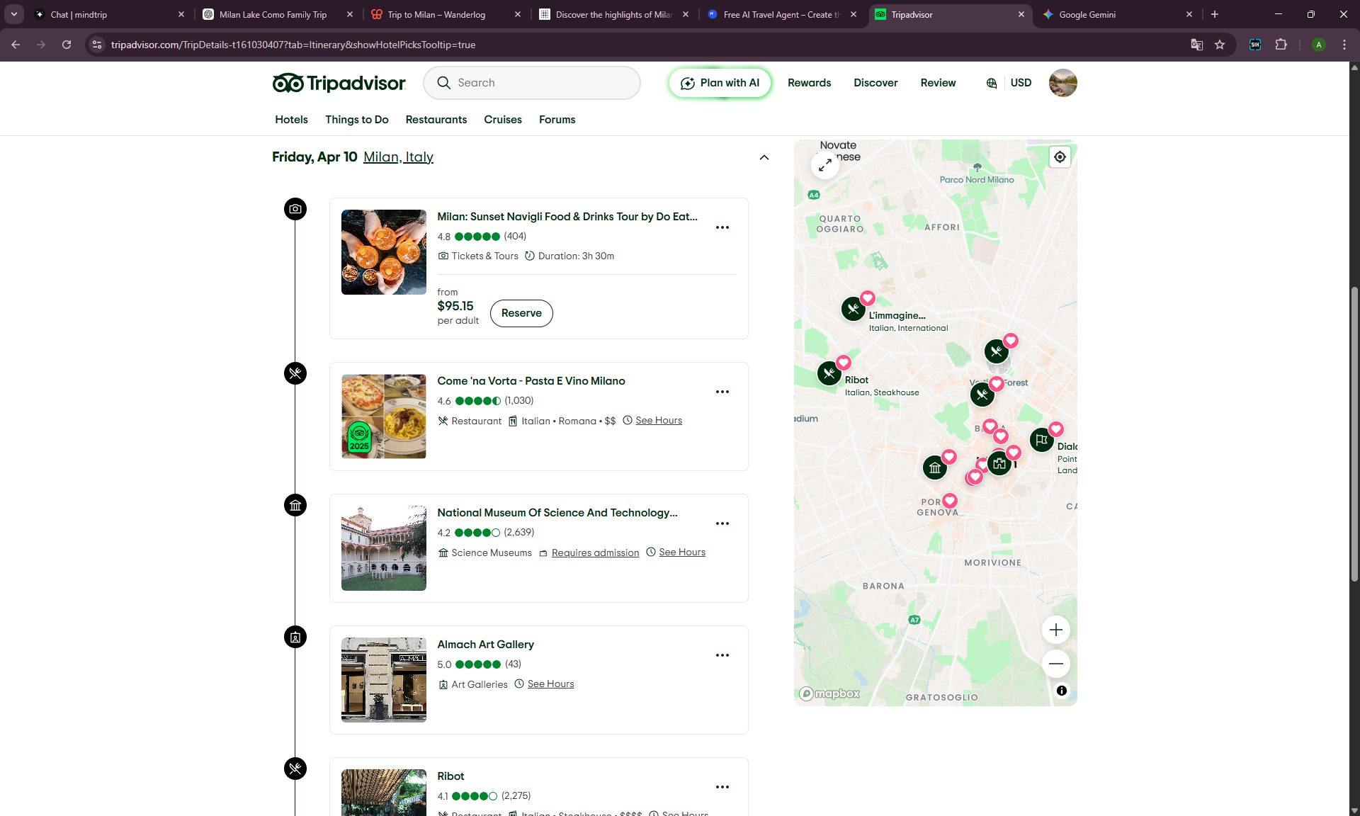 Tripadvisor Trips free AI trip planner showing Milan food tour and restaurant recommendations with reviews and map