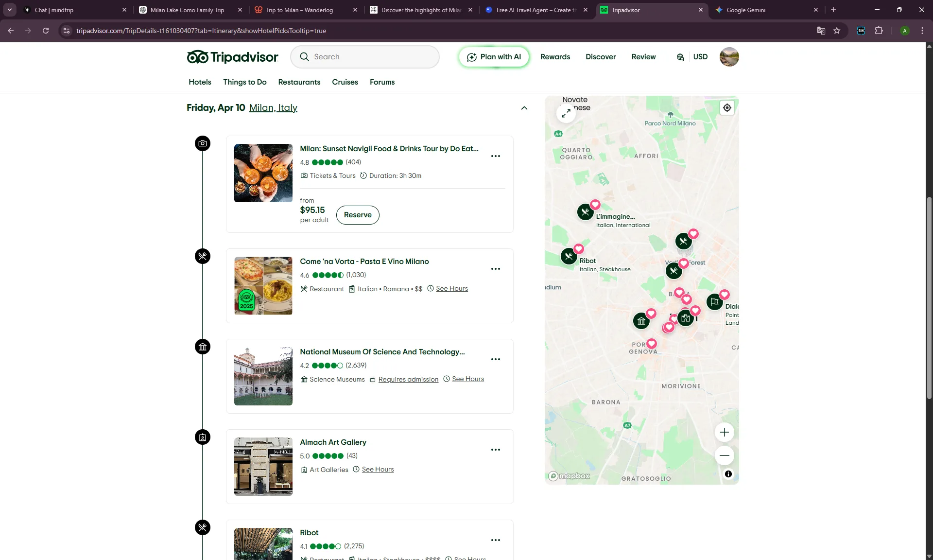 Tripadvisor Trips free AI trip planner screenshot showing a Milan food tour, restaurant recommendations, reviews, and a map.
