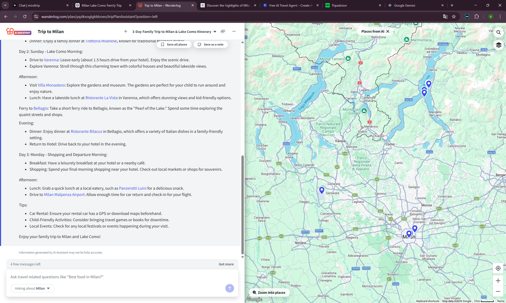 Wanderlog free AI trip planner showing Milan and Lake Como itinerary with interactive map and 4 free messages remaining