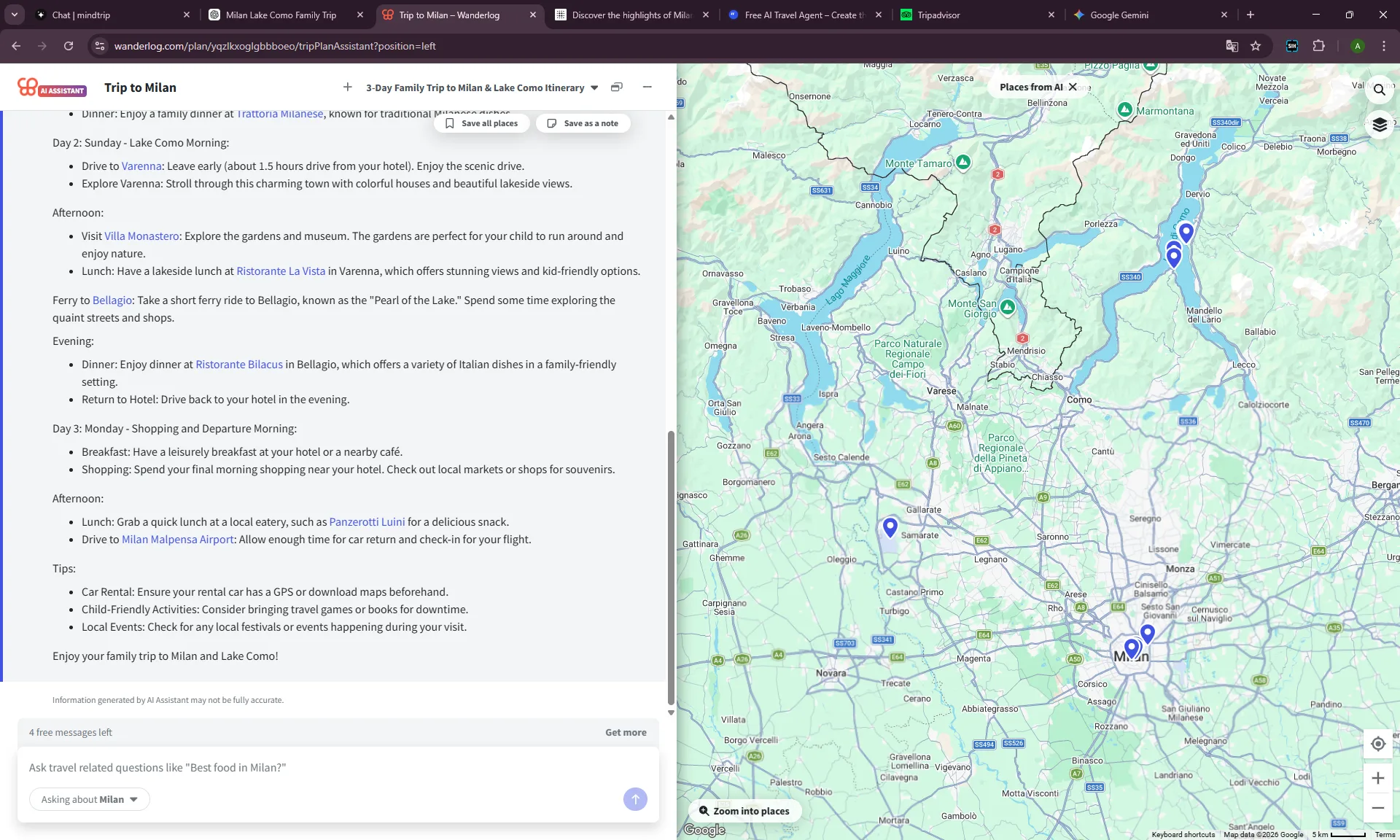 Wanderlog free AI trip planner screenshot showing a Milan and Lake Como itinerary map with 4 free AI messages remaining.