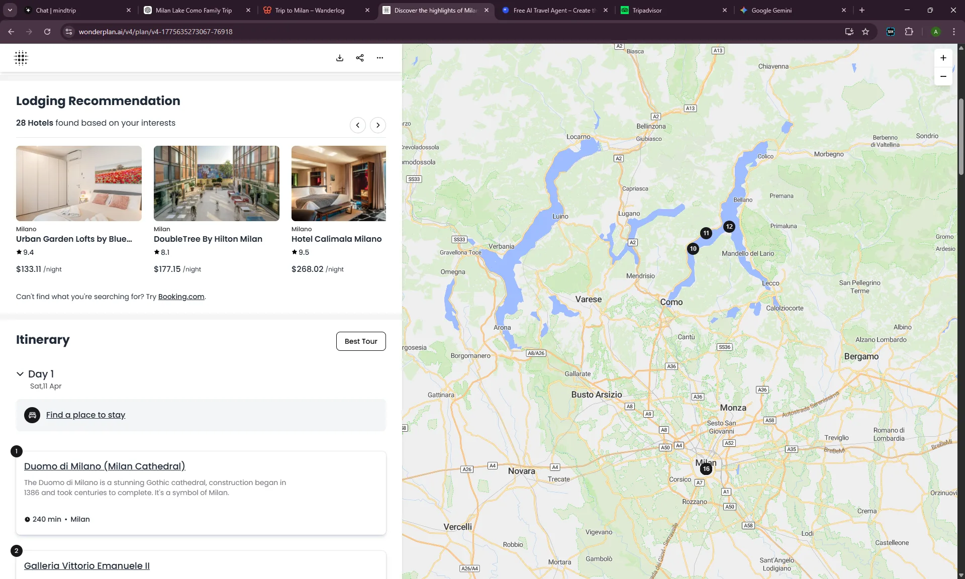 Wonderplan free AI trip planner screenshot showing Milan hotel recommendations with prices and a Day 1 itinerary starting at Duomo.