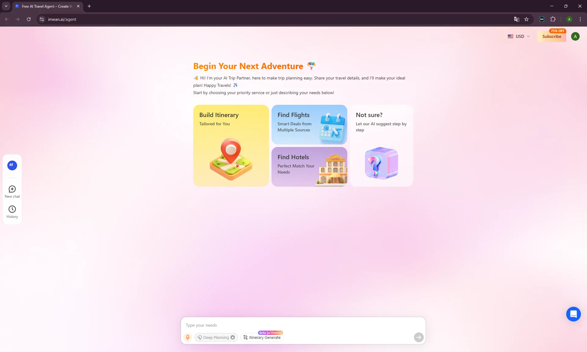 iMean AI agent interface showing Deep Planning mode and chat-based trip planning.