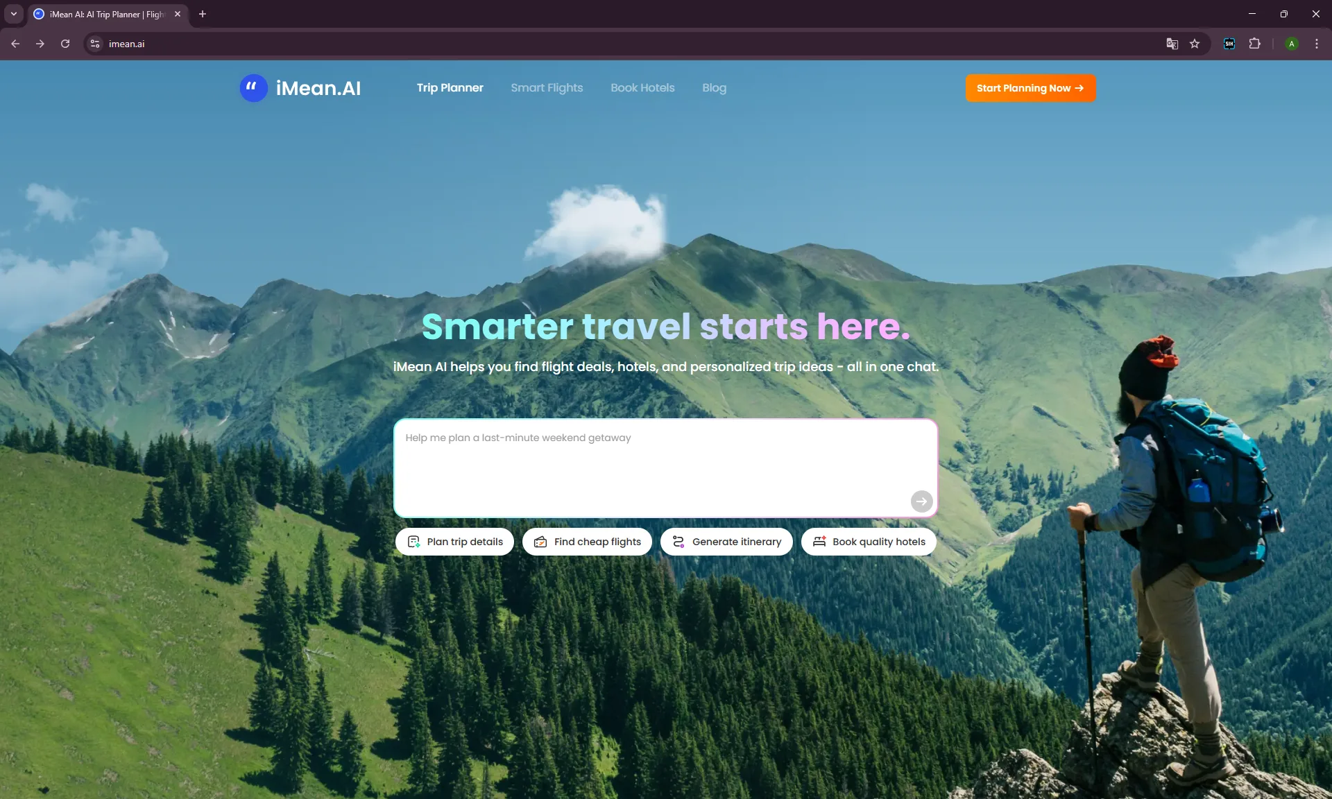 iMean AI review landing page showing the trip planner search field, quick actions, and travel agent positioning.