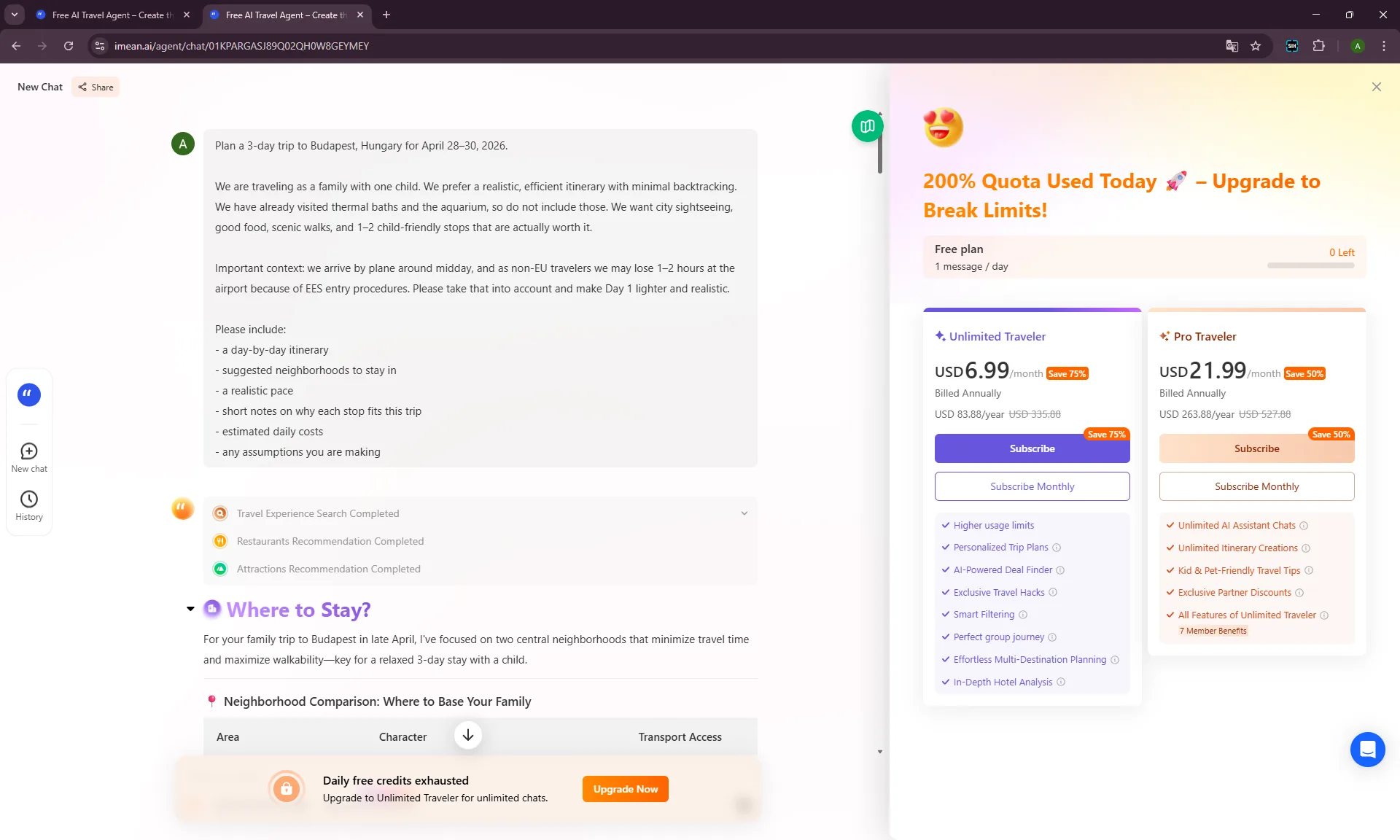 iMean AI paywall screenshot showing 200 percent quota used and subscription pricing after generation started.