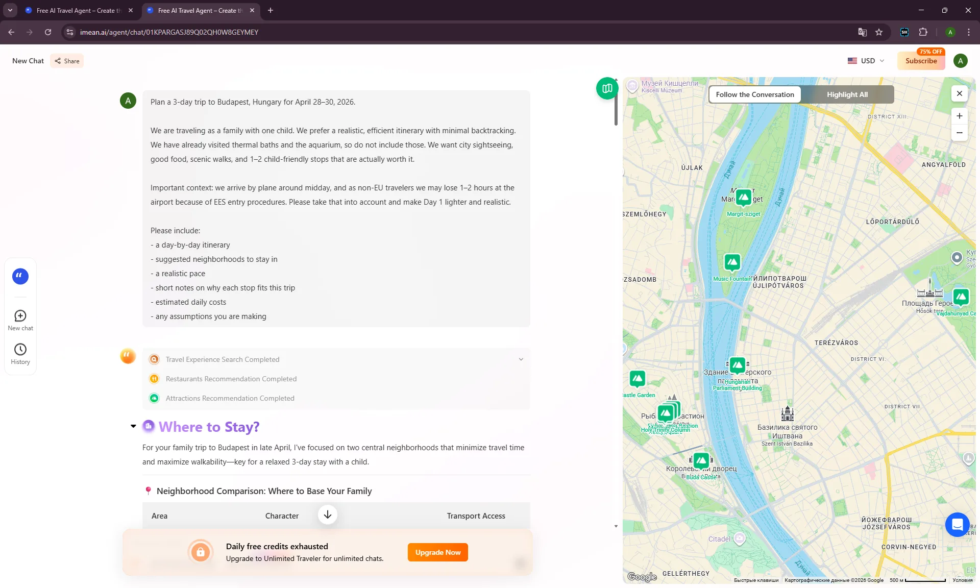 iMean AI Budapest plan showing attraction recommendations and map-based trip sections.