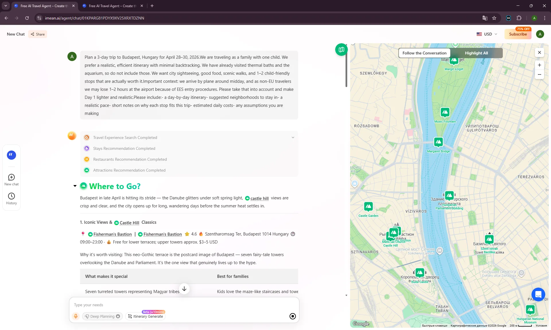 iMean AI Budapest plan showing a neighborhood comparison table for family trip planning.