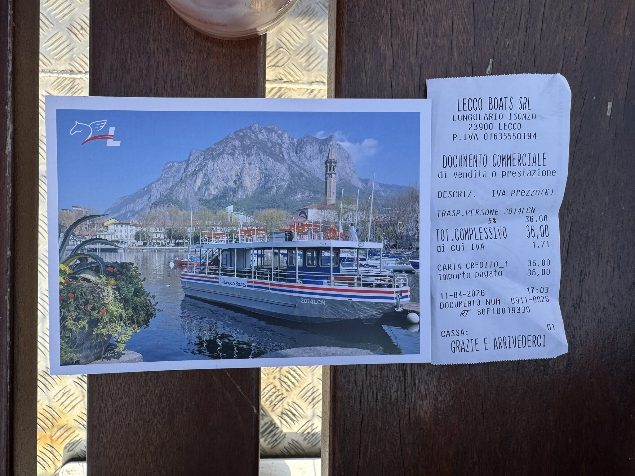 Receipt for the Lecco boat ride costing 36 euros.