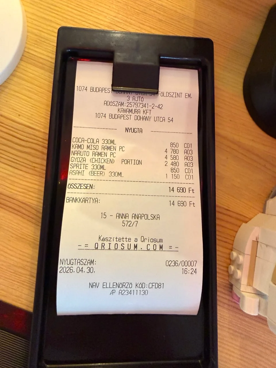 Receipt from Kawamura Ramen in Budapest during a family AI trip planner test.