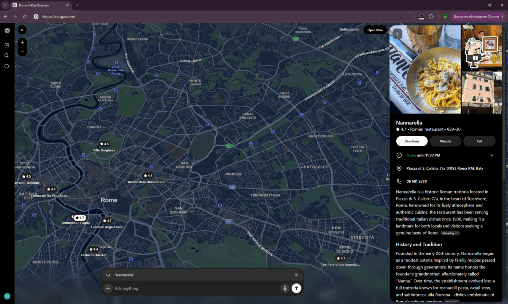 ChatGPT response to a context-rich travel prompt showing a Rome itinerary map with restaurant and attraction suggestions