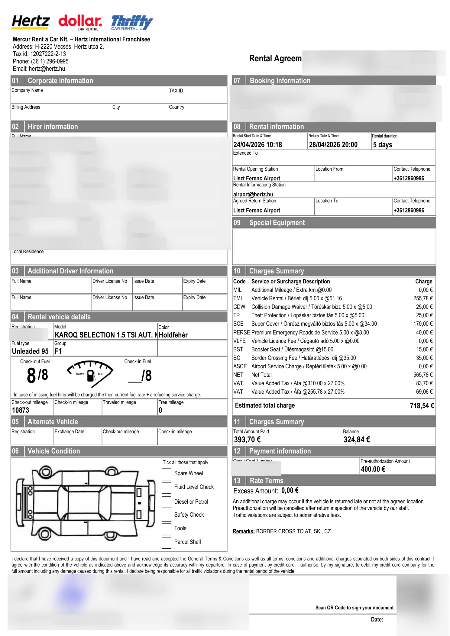 Hertz Budapest rental agreement showing charges, Super Cover, cross-border fee, and pre-authorization details.