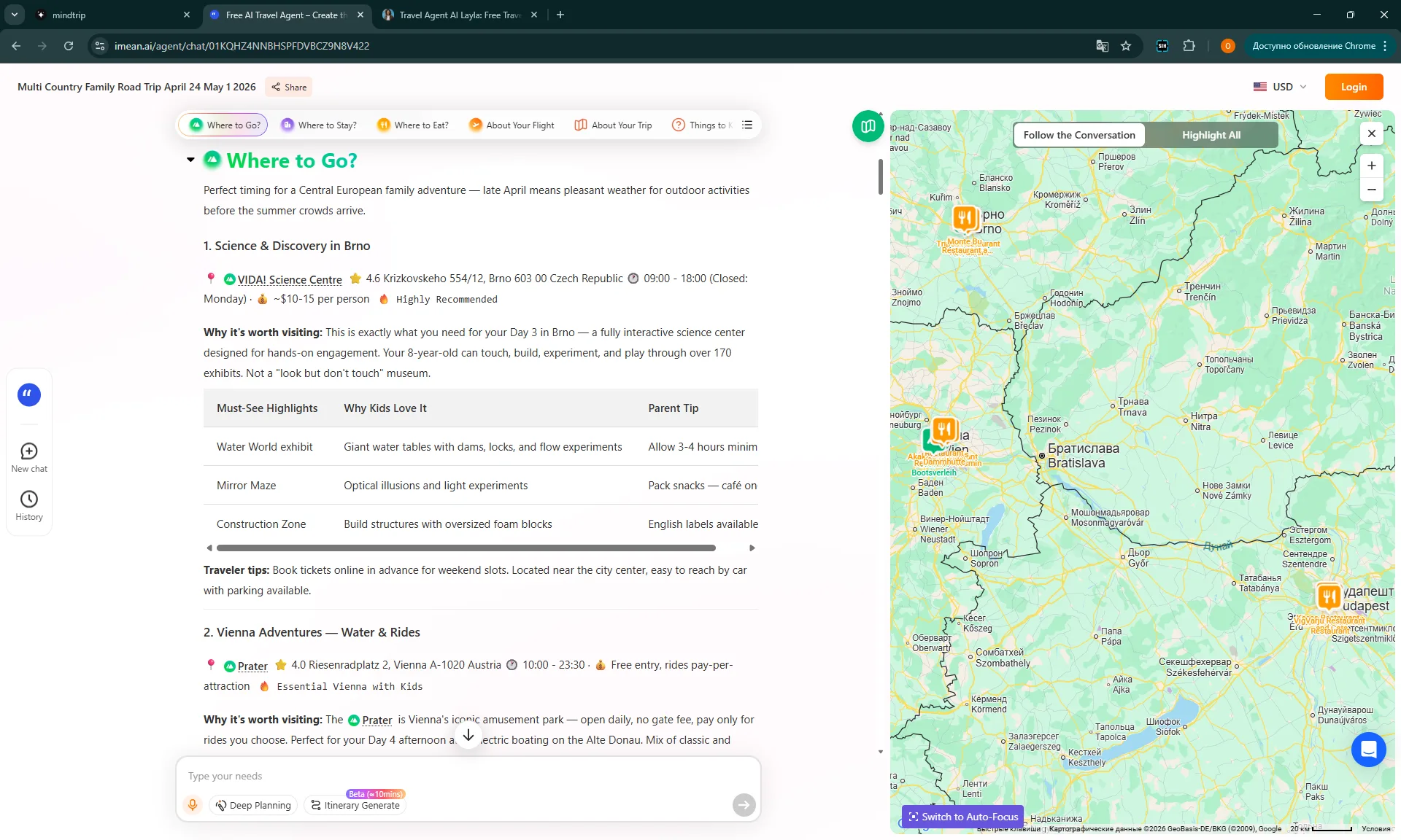 iMean AI's Where to Go section with VIDA Science Centre and an embedded Google Maps preview for the family trip.