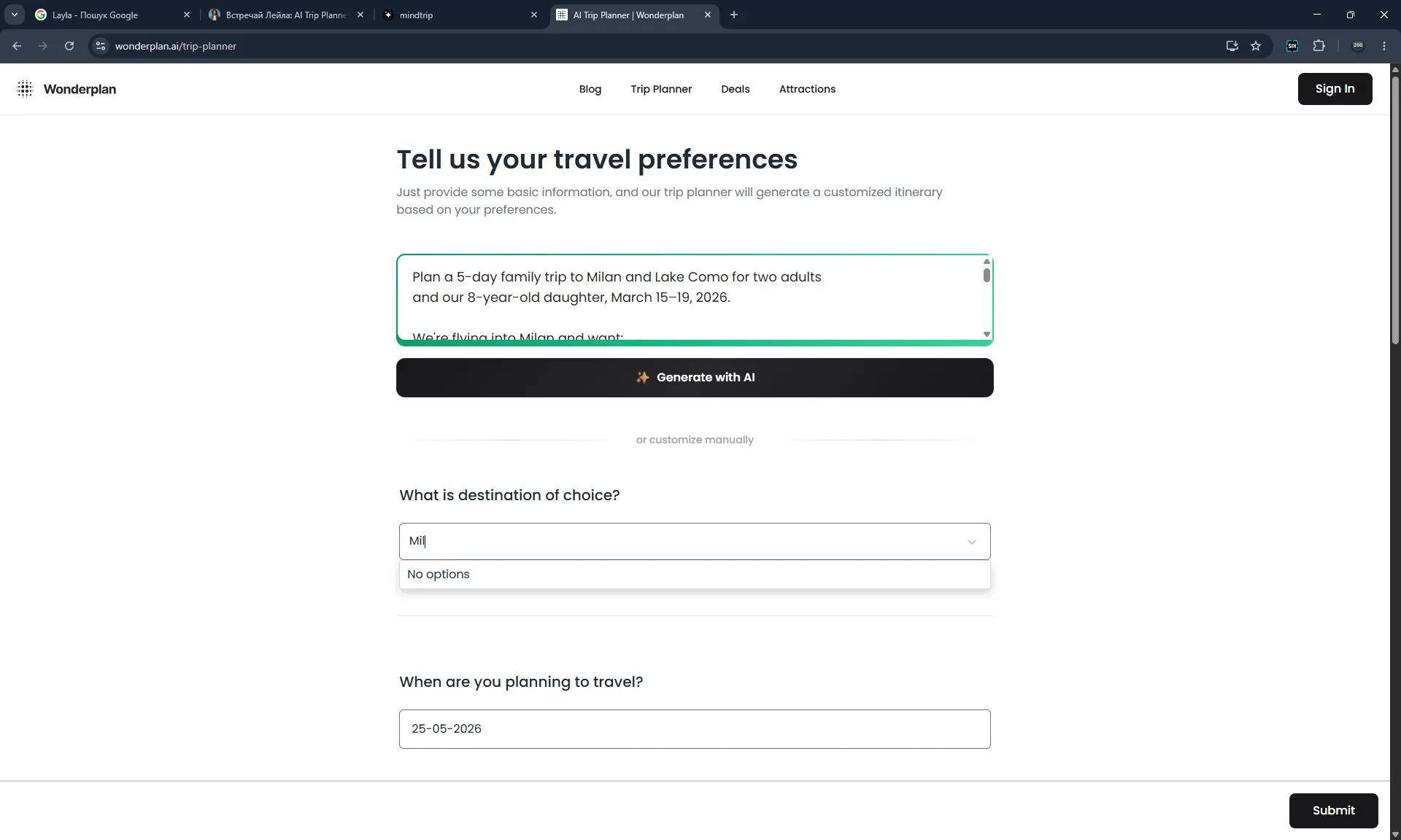 Wonderplan destination autocomplete returns no results for Mil