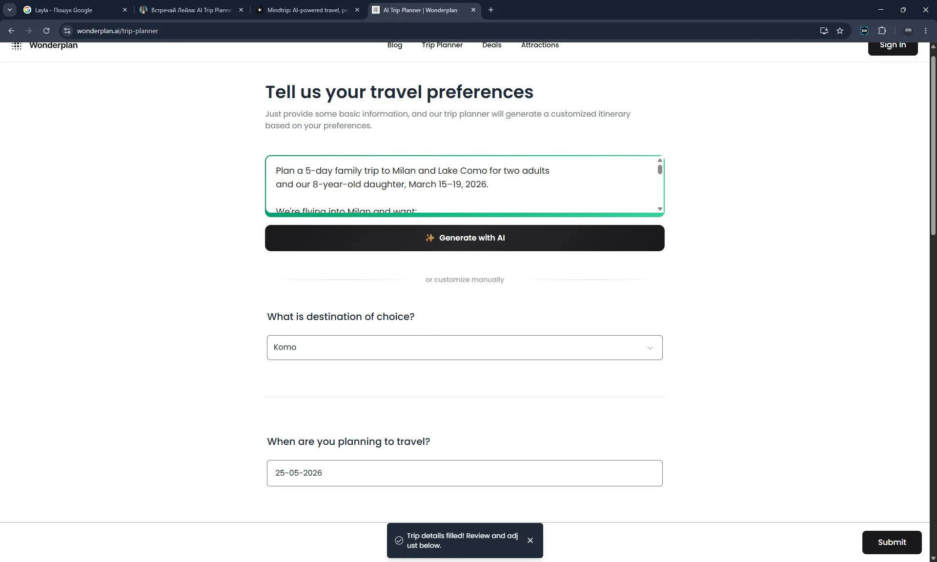 Wonderplan form with mismatched manual data — Komo destination, May date — and false success toast
