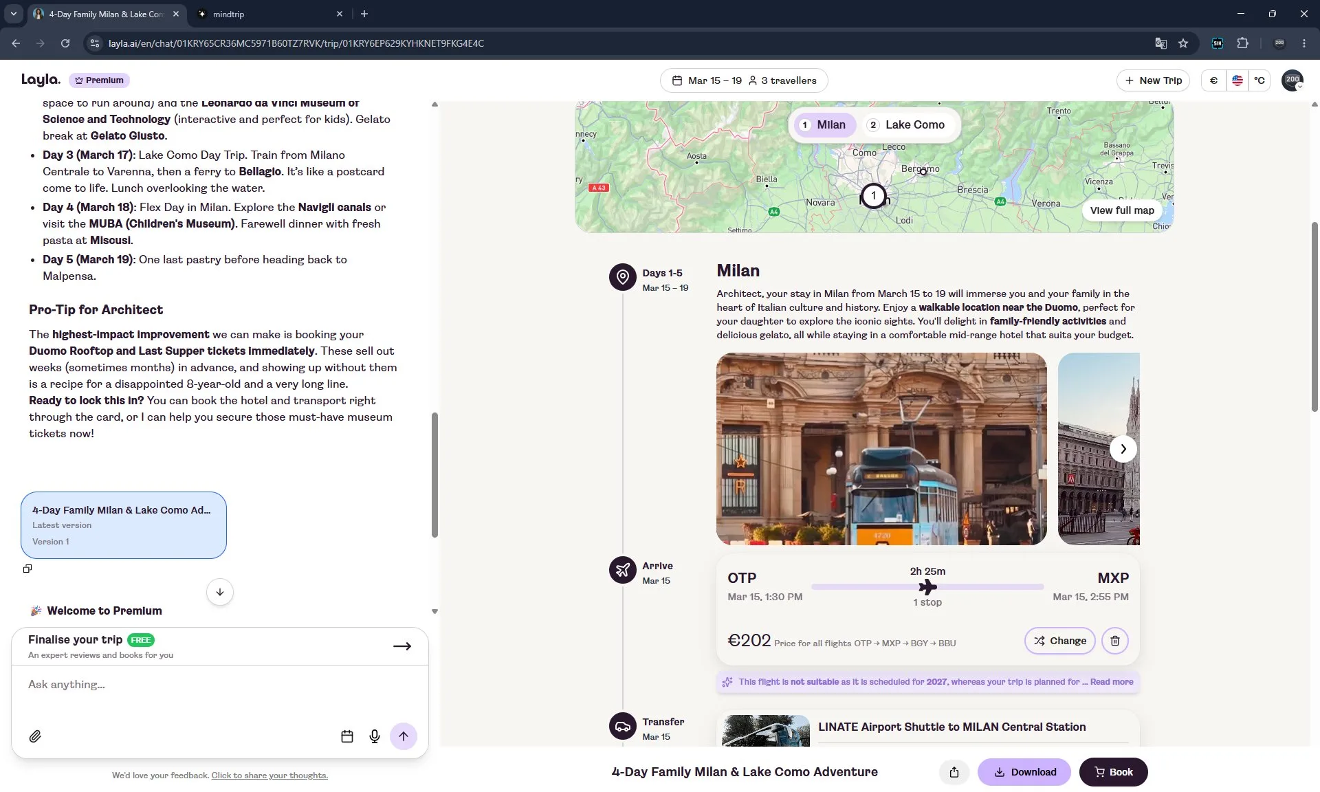 Layla Pro-Tip section with Duomo Rooftop and Last Supper advance booking warning