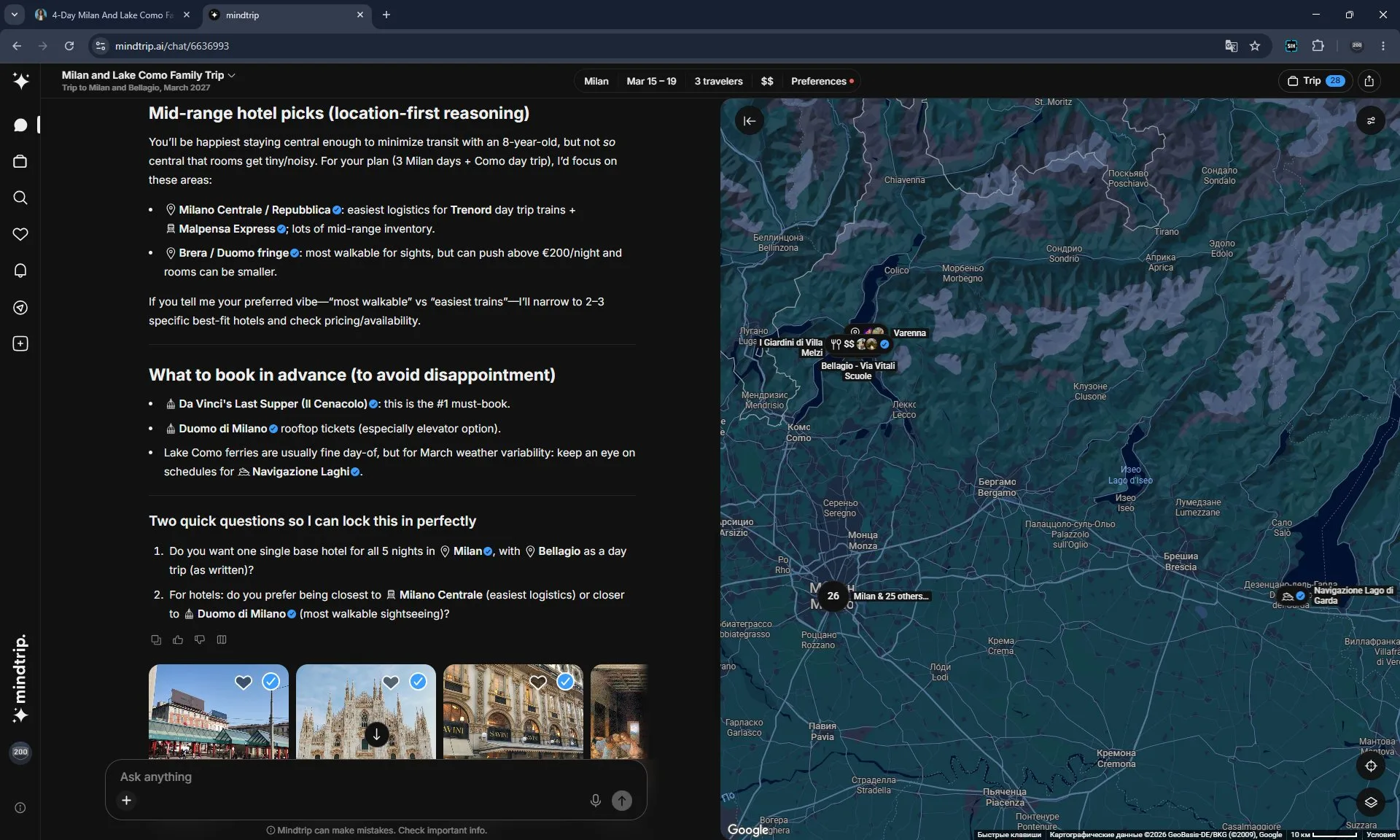 Mindtrip hotel area recommendations and two clarifying questions at the end
