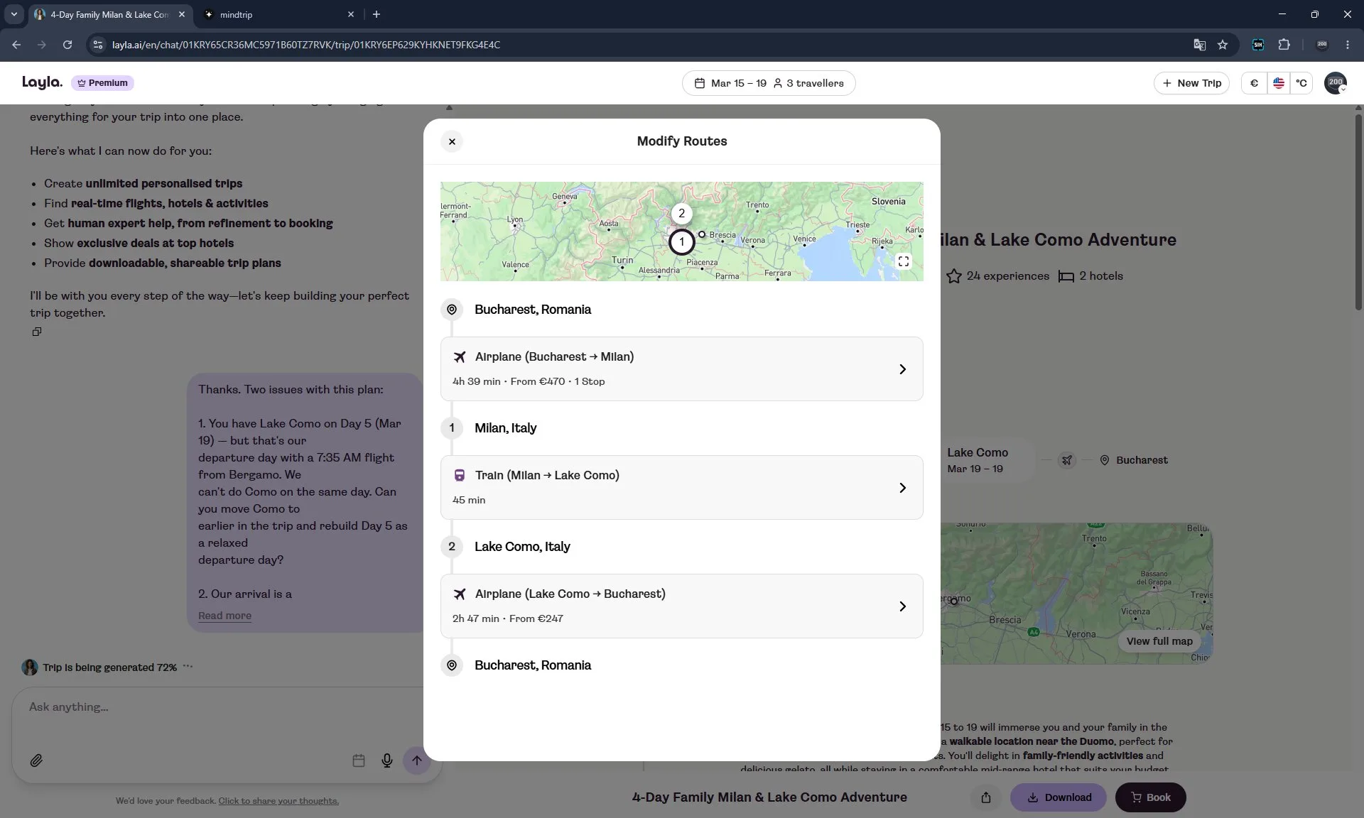 Layla Modify Routes modal showing flight directly to Lake Como