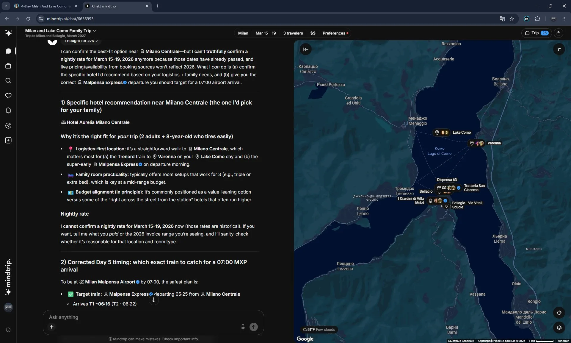 Mindtrip Round 3 reasoning indicator and Hotel Aurelia recommendation