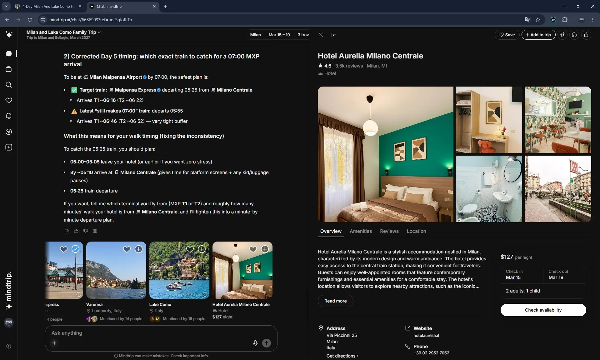 Hotel Aurelia Milano Centrale card with 127 USD per night price for the exact dates Mindtrip said are historical