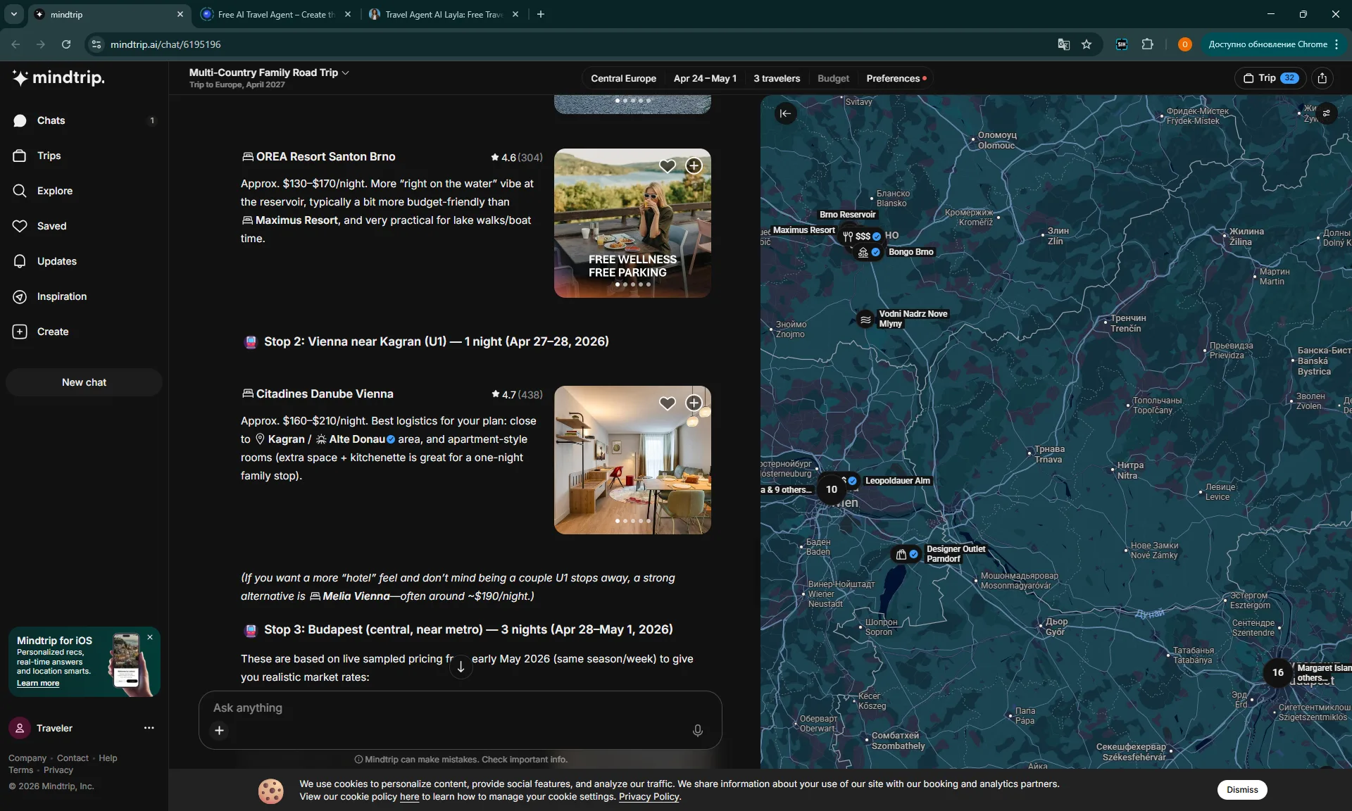 Mindtrip hotel recommendations matching OREA Resort Santon and Citadines Danube Vienna on an AI family trip planner test.
