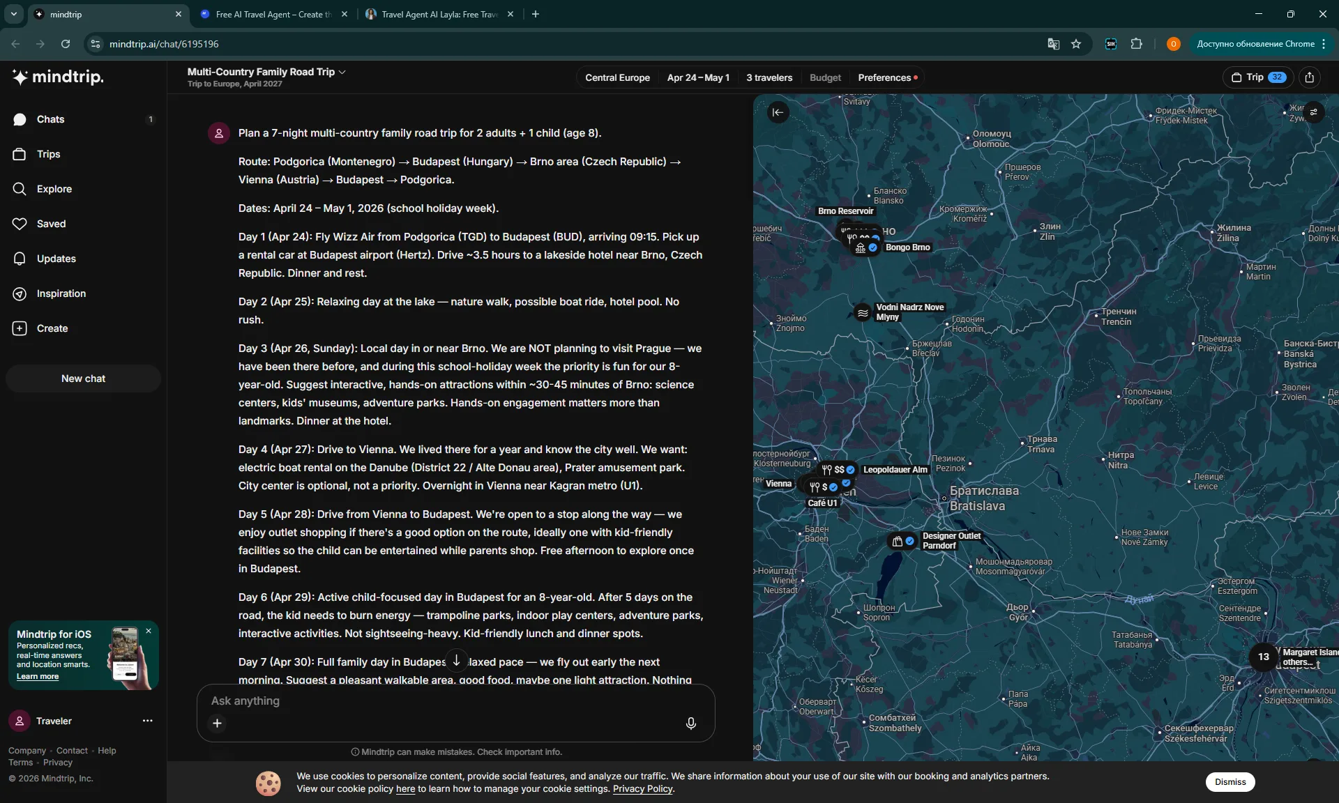 Mindtrip's response to a family road-trip prompt showing an interactive Central Europe map with venues plotted.