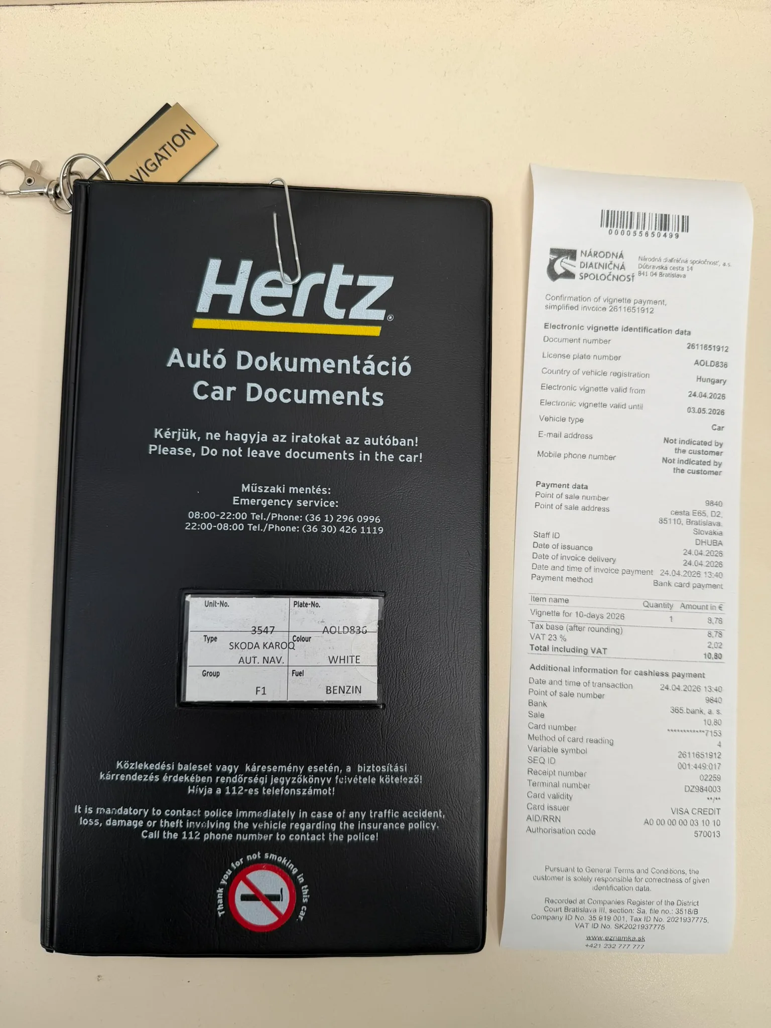 Slovakia e-vignette receipt with Hertz rental car documents during a cross-border Europe road trip