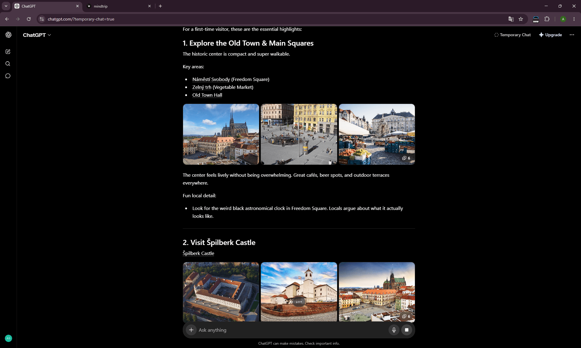 ChatGPT Brno prompt with memory off recommending castle and cathedral instead of VIDA Science Centre