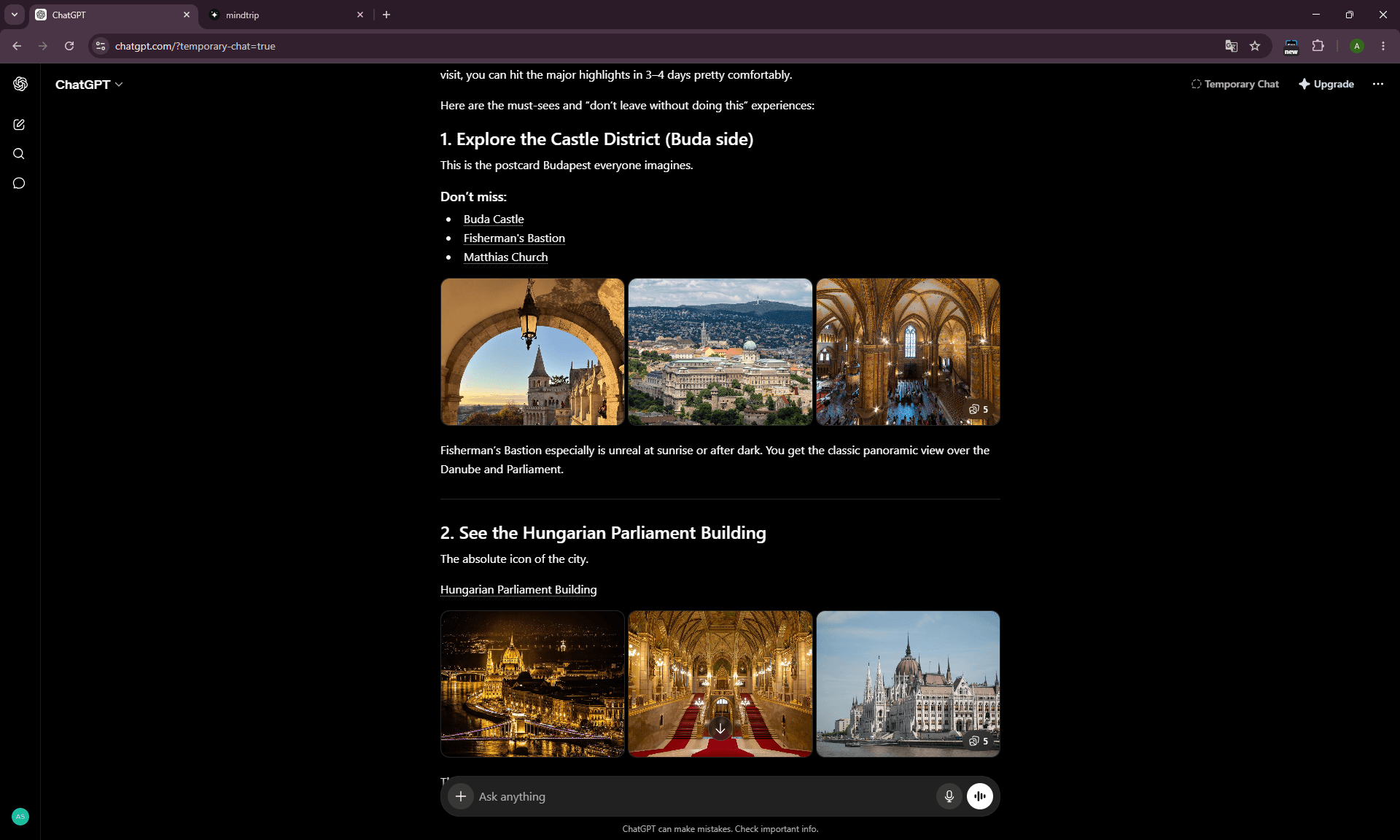 ChatGPT generic Budapest travel prompt showing mainstream tourist attractions instead of Tropicarium