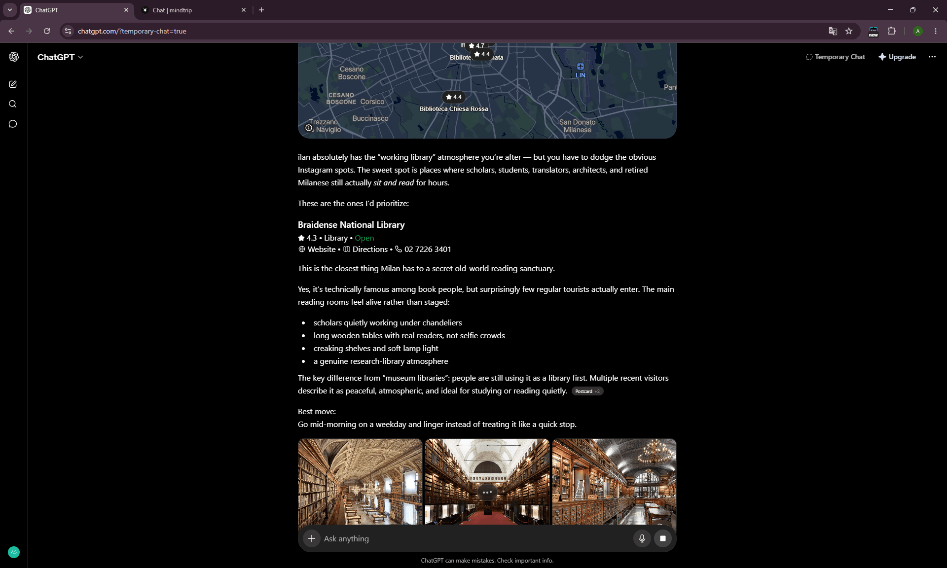 ChatGPT Milan context anchored prompt recommending Braidense instead of the Ambrosiana