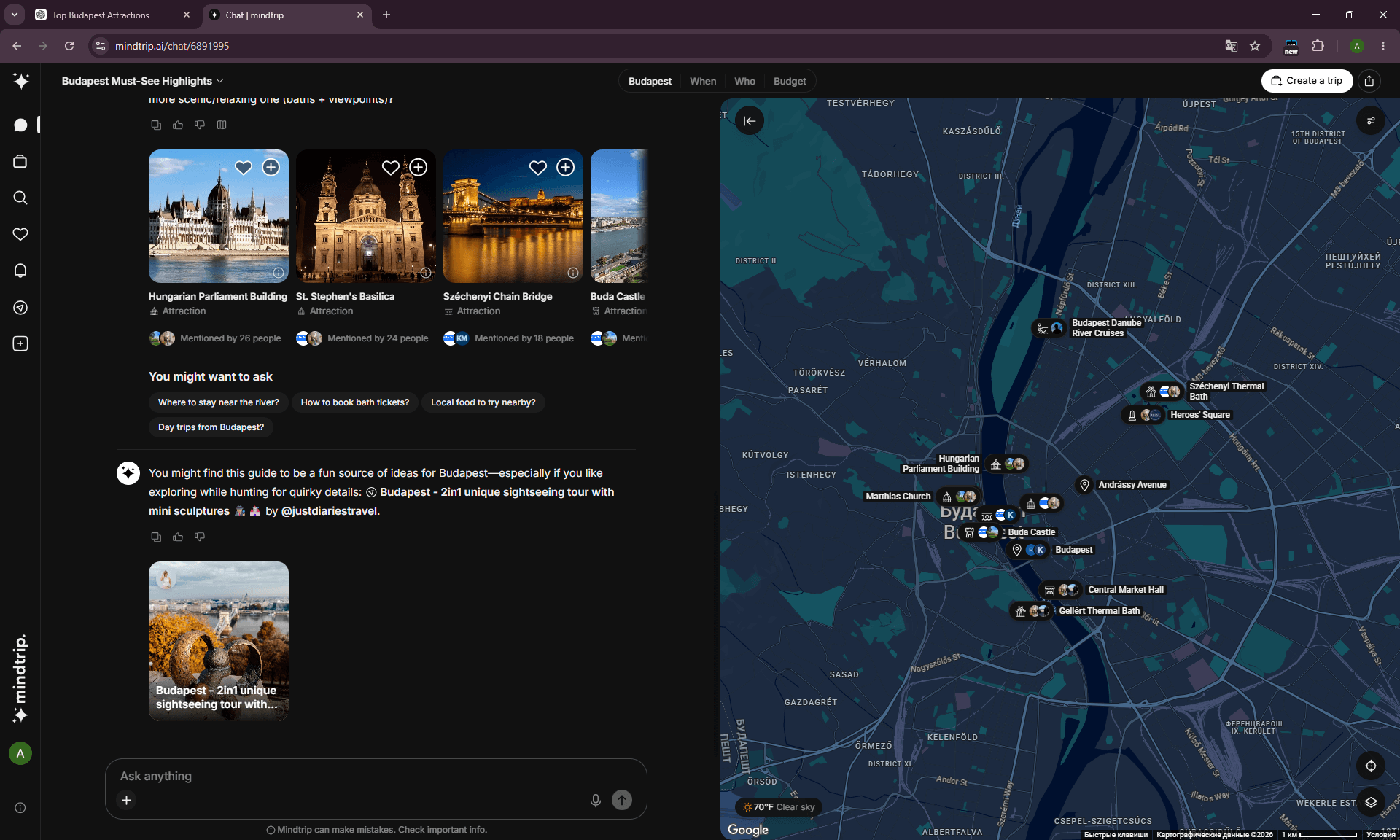 Mindtrip generic Budapest travel prompt showing mainstream tourist attractions instead of Tropicarium