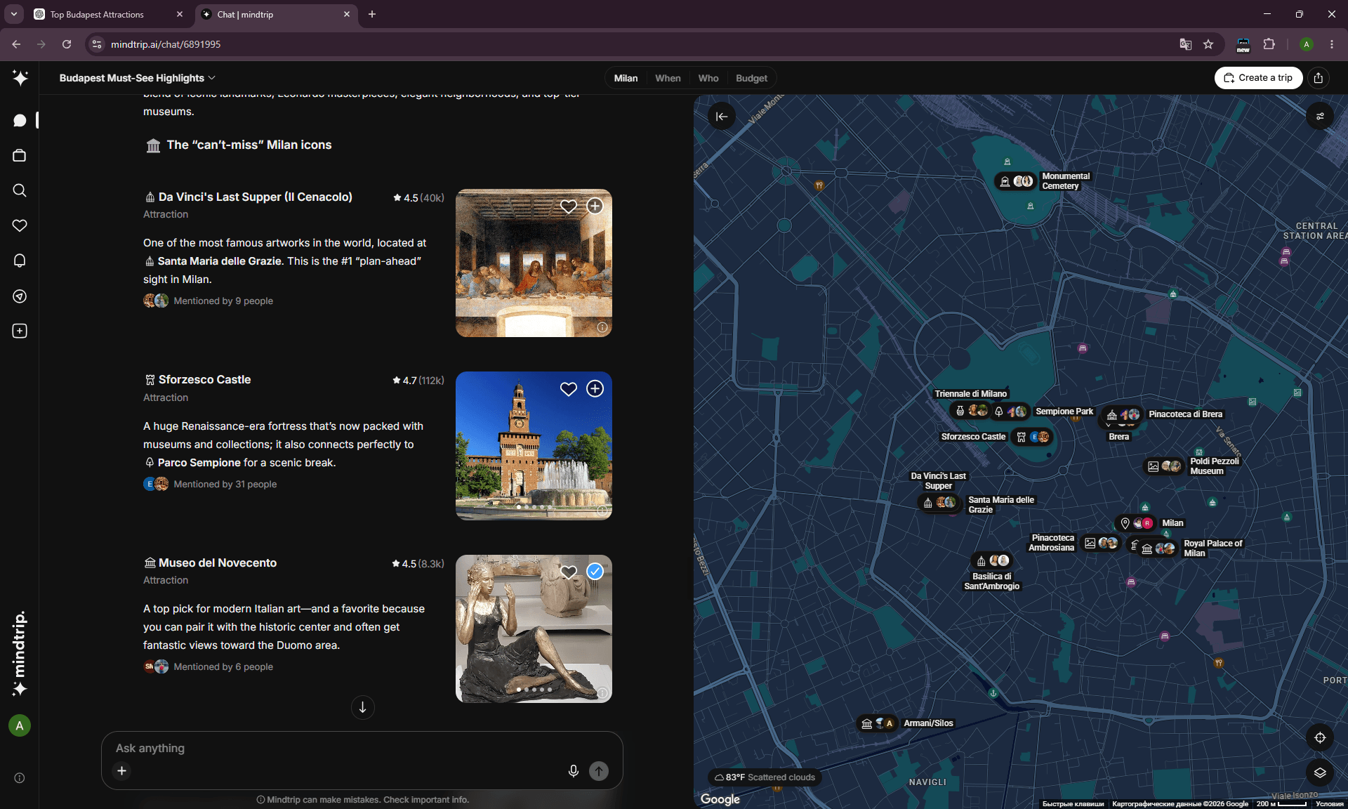 Mindtrip generic Milan prompt recommending the Ambrosiana as a mainstream travel pick